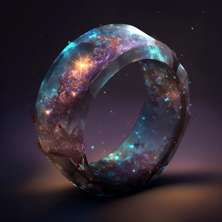 Wedding ring in space. Fantasy fractal design. Digital art. 3D rendering.の写真素材