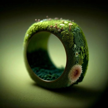 Wedding ring with moss on a green background. Macro.の写真素材