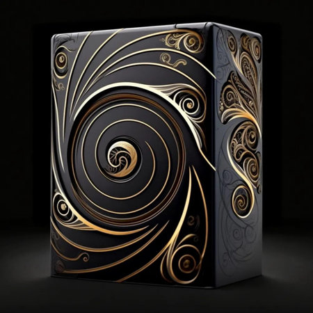 Black box with gold ornament on black background. 3d illustration.の写真素材
