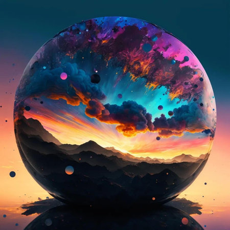 Crystal ball with colorful sunset and mountain background. 3D illustration.の写真素材