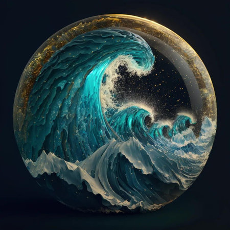 3D illustration of a crystal ball with a sea wave inside.の素材