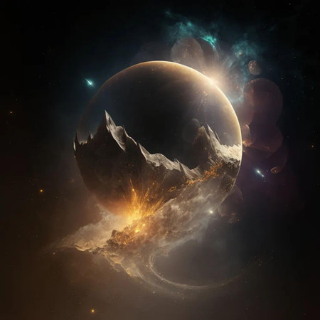 abstract space background with planet and stars, 3d render illustrationの写真素材