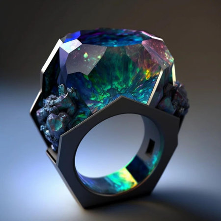 Ring with blue sapphire on a dark background. 3d renderの写真素材