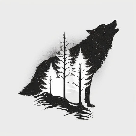 Silhouette of a wolf in the forest. Vector illustration.