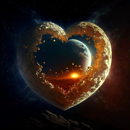 Fantasy heart in space with planet and stars. 3D renderingの写真素材