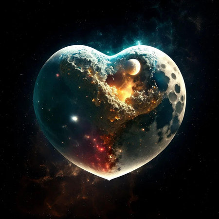 3D illustration of a heart in space with stars and nebulaの写真素材