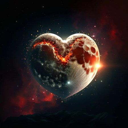 Red heart in space with stars and nebula, 3d illustrationの写真素材