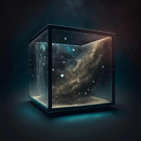 3D illustration of an empty glass cube with space and stars insideの写真素材