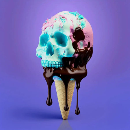 Ice cream in waffle cone with chocolate and ice cream on purple backgroundの写真素材