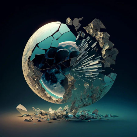 Broken planet on dark blue background. 3d render illustration.の写真素材