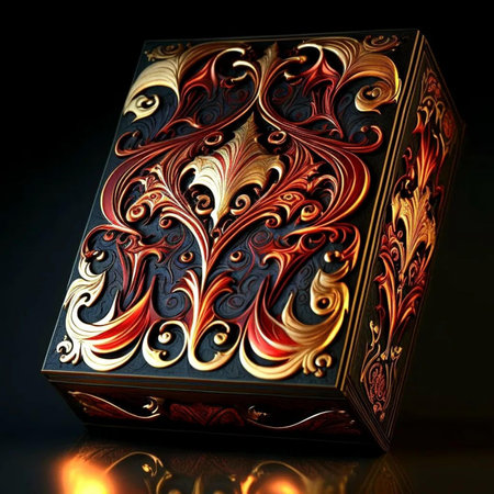 Wooden box with decorative ornament on black background. Close-up.の写真素材