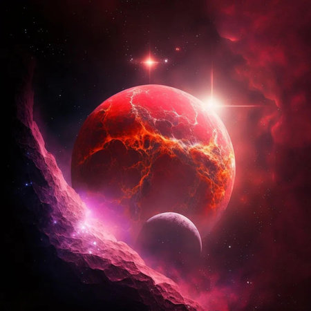 Red planet in space with stars and nebula. 3D renderingの写真素材