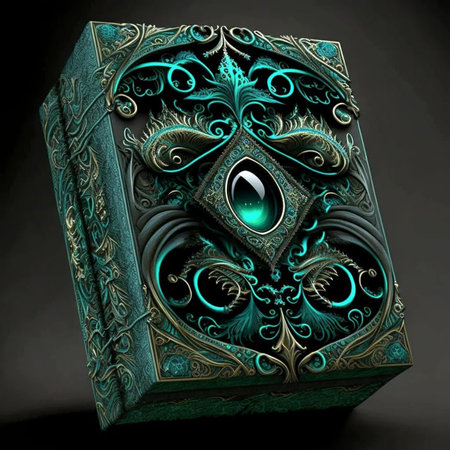 Fantasy box with green eye on black background. 3d illustrationの写真素材
