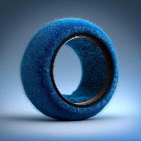 blue woolen ring on a blue background, closeup of photoの写真素材