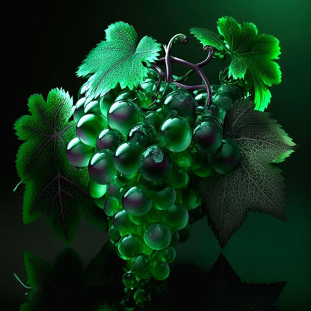 Grapes with leaves on a dark background. 3d illustrationの写真素材