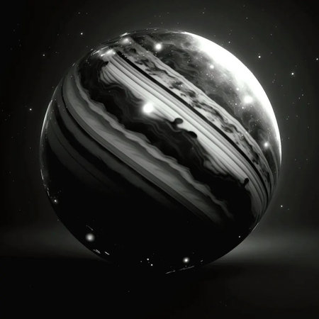A black and white image of a planet in outer space with stars.の写真素材