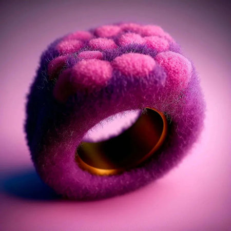 Wedding ring made of pink wool on a pink background.の写真素材