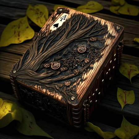Wooden box with a carved pattern on the background of autumn leavesの写真素材