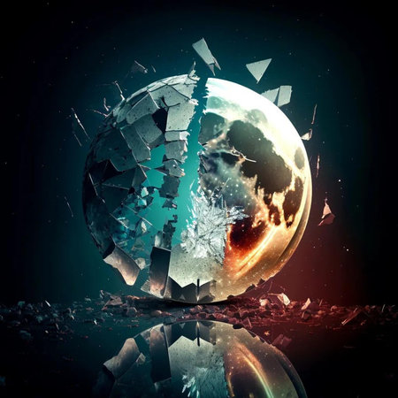 Broken glass sphere on a dark background. 3D rendering.の写真素材