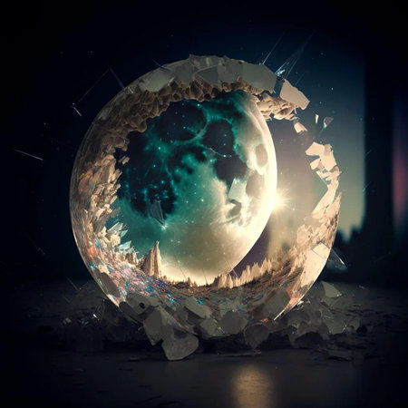 Fantasy landscape with planet and city. 3d rendering toned imageの写真素材