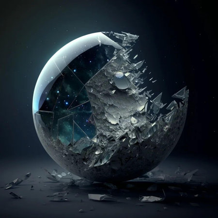 Broken crystal ball on a dark background. 3D rendering.の写真素材
