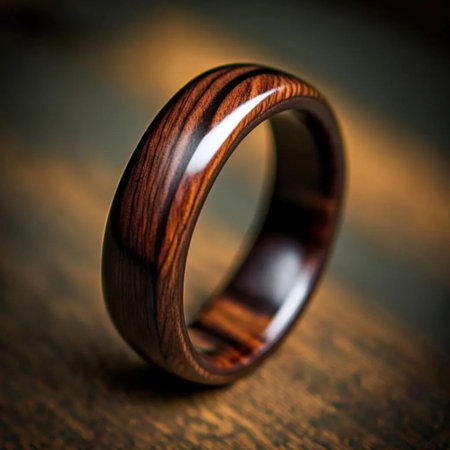 wedding rings on a wooden table, close-up.