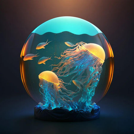 3d illustration of jellyfish in a glass sphere on dark backgroundの写真素材