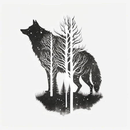 Illustration of a wolf in a forest with trees and snowflakesの写真素材