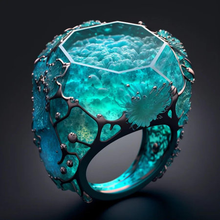 Jewelry ring with blue gemstone on black background. 3D rendering