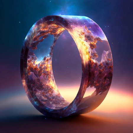 Wedding ring in space with stars and nebula. 3D renderingの写真素材
