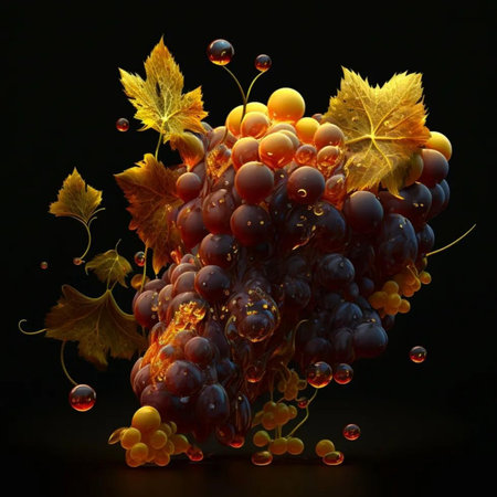 3d illustration of a bunch of grapes with autumn leaves and water dropsの写真素材