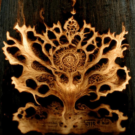 Wooden carving in the shape of a tree on a dark backgroundの素材