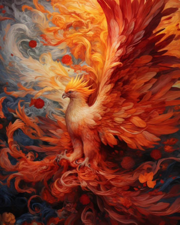 Painting of a rooster in the fire with red petalsの素材