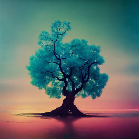 Beautiful tree on a lake at sunset. Conceptual art.の素材