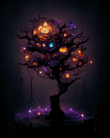 Halloween tree with colorful lanterns on dark background. Halloween conceptの素材