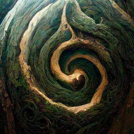 Old tree in the forest with spiral and green moss on it.の素材
