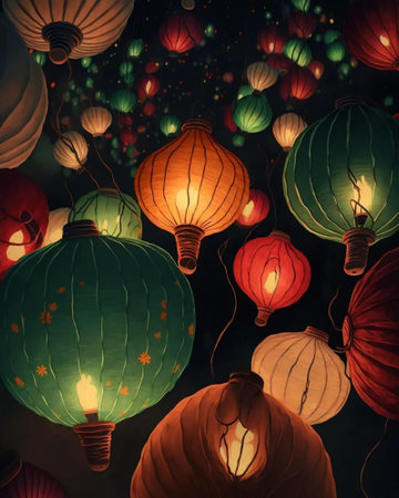 Colorful chinese lanterns in the night sky, illustration.の素材
