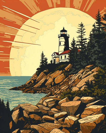 Lighthouse on the shore of the sea. Vector illustration in retro styleの素材