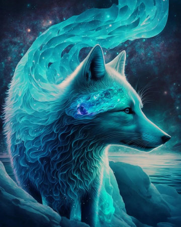 Illustration of a blue wolf in the outer space with stars.の素材