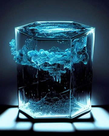 Water in a glass cube on a dark background. 3d renderingの素材