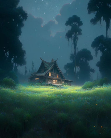 Mystical old wooden house in the meadow at night.の素材