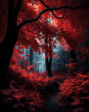 Mystical forest in autumn with red leaves and fog. 3D renderingの素材