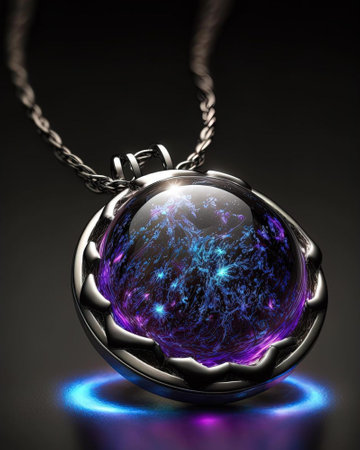 3D illustration of a metal pendant with a blue planet insideの素材