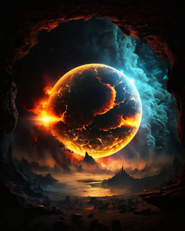 Fantasy scene with planet and fire in cave. 3d illustrationの素材