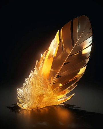 golden feather on a black background. 3d render illustration.の素材