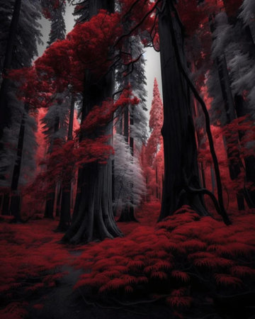 Red forest with fog and red ferns, 3d renderの素材