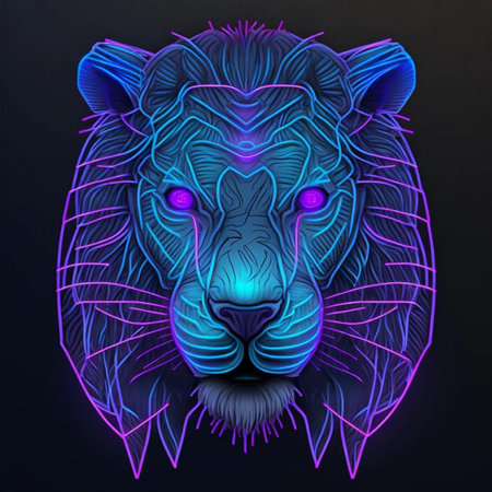 Portrait of a wild lion in neon light. Vector illustration.の素材
