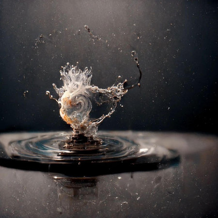 Falling drops of water. Splash effect after collision a falling drops with water Surfaceの素材