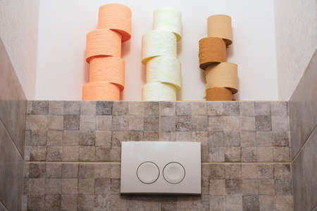 Toilet rolls and toilet buttons. Rolls of two colors. Rows of Toilet Coils close up. Hygiene conceptの写真素材