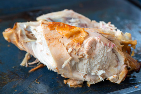 Leftover food on the baking sheet. Gnawed chicken carcass. Tasty dish. After meal. Cutlery, knife. Fatty unhealthy food concept, good appetiteの写真素材